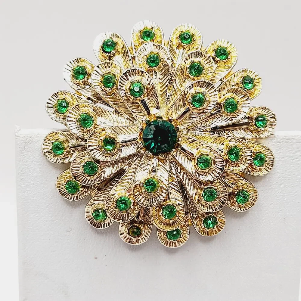 Vintage Green Rhinestone Floral Brooch Gold Tone Mum Style